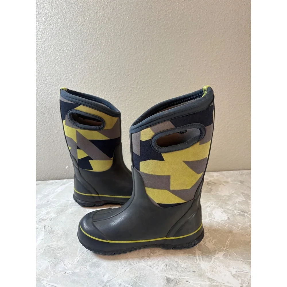 Bogs Kids Classic Geo Waterproof Insulated Rain Boots Grey Yellow 71996-469